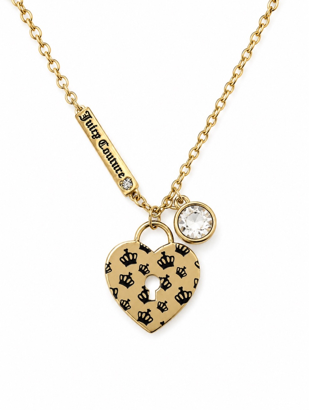 Vintage-style Juicy Couture gold heart necklace with a leopard print design